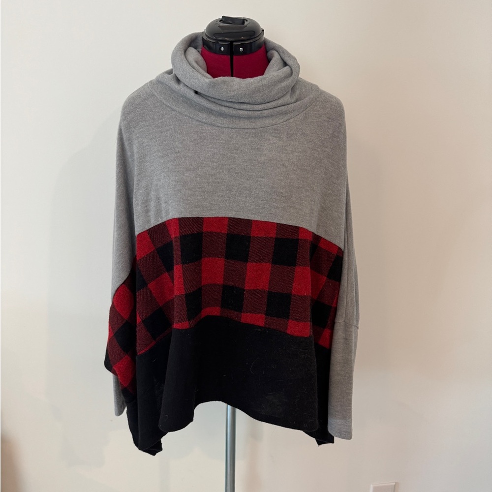 Gray and Red Plaid Cowl Neck Poncho